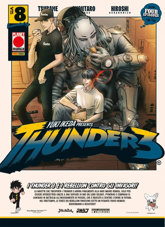 Copertina del manga Thunder3 Vol. 8; in un momento di pausa tra scatoloni di cartone, si vedono Tsubame in piedi, Pyontaro seduto a terra e il robot Hiroshi mentre mangia un panino. Il titolo "Thunder 3" è scritto in grandi caratteri blu e gialli.