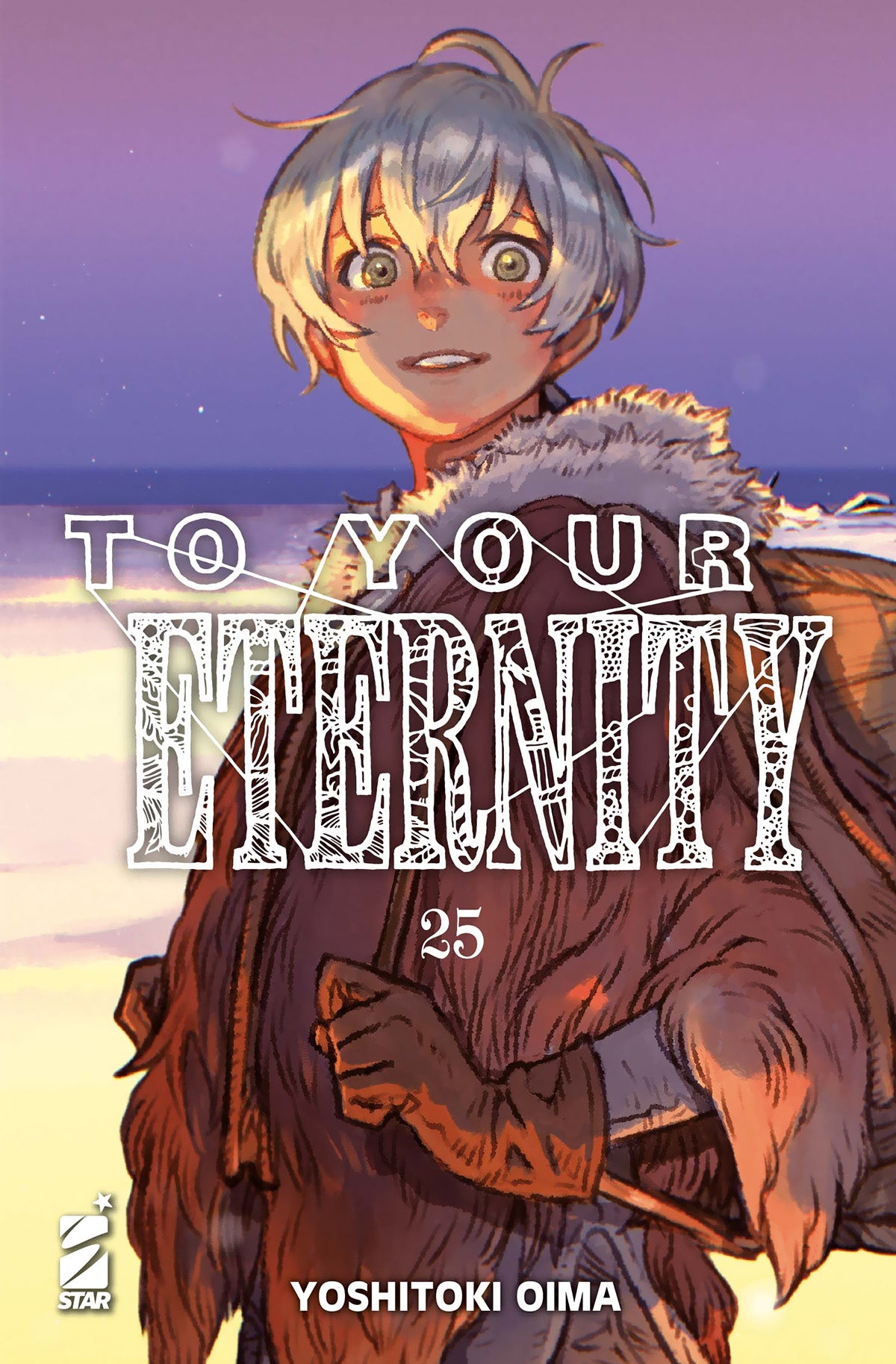 Copertina del venticinquesimo volume del manga To Your Eternity, che mostra in primo piano un ragazzo sorridente con corti capelli bianchi e occhi ambrati, vestito con un pesante abito invernale di pelliccia marrone, su uno sfondo sfumato nei toni del tramonto.