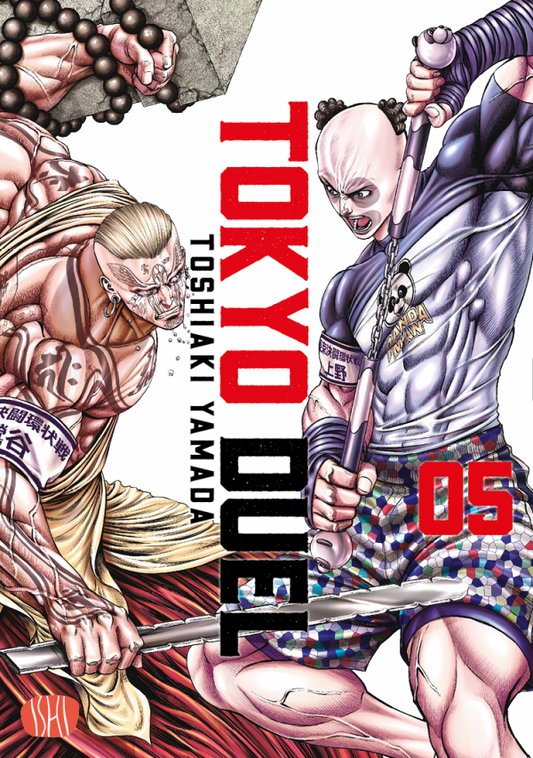 Copertina del manga Tokyo Duel volume 5. Un'illustrazione dinamica che mostra due muscolosi combattenti in uno scontro all'ultimo sangue: a sinistra un lottatore calvo con vistosi tatuaggi facciali, collana a rosario e una grossa lama metallica, a destra un agguerrito combattente con il viso truccato da panda che brandisce un'arma simile a un nunchaku o manganello.