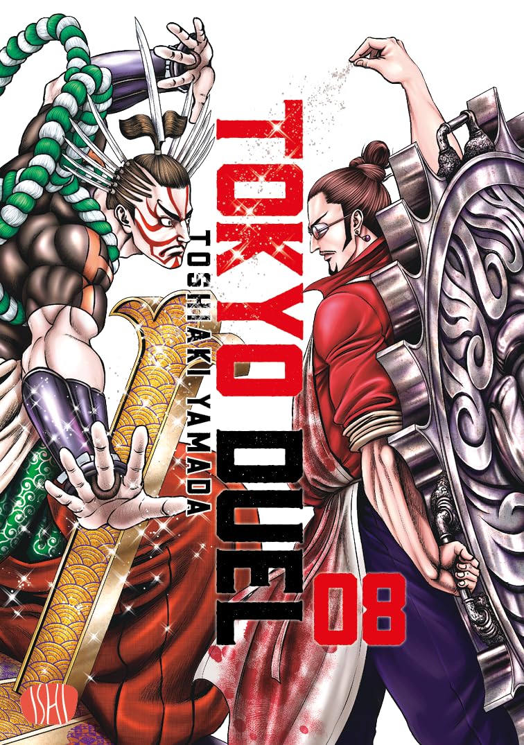 Copertina del manga Tokyo Duel volume 8. Illustrazione dinamica che mostra due eccentrici combattenti faccia a faccia: a sinistra un lottatore con trucco teatrale kabuki e una pesante arma dorata, a destra un uomo con occhiali e grembiule rosso, il Blood Chef, che regge un'enorme ruota dentata argentata e sparge del sale con le dita.