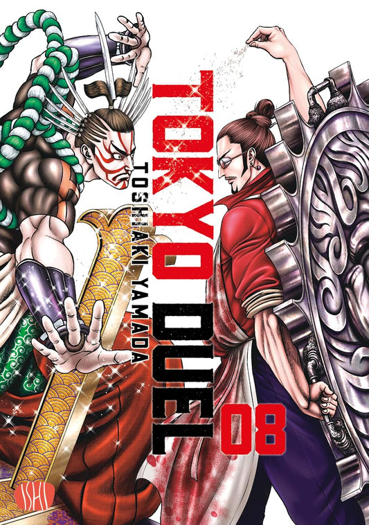 Copertina del manga Tokyo Duel volume 8. Illustrazione dinamica che mostra due eccentrici combattenti faccia a faccia: a sinistra un lottatore con trucco teatrale kabuki e una pesante arma dorata, a destra un uomo con occhiali e grembiule rosso, il Blood Chef, che regge un'enorme ruota dentata argentata e sparge del sale con le dita.