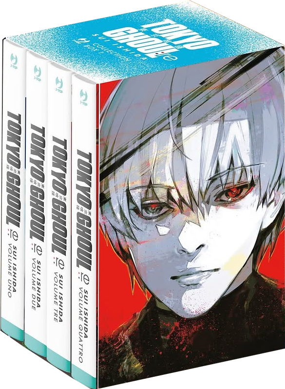 Cofanetto espositivo Tokyo Ghoul:RE Deluxe Box 1 contenente i primi quattro volumi del manga di Sui Ishida, edito da J-POP Manga. La custodia presenta una grafica con dettagli azzurri e rossi e ritrae in primo piano il volto di Haise Sasaki con capelli chiari e occhio rosso da ghoul.