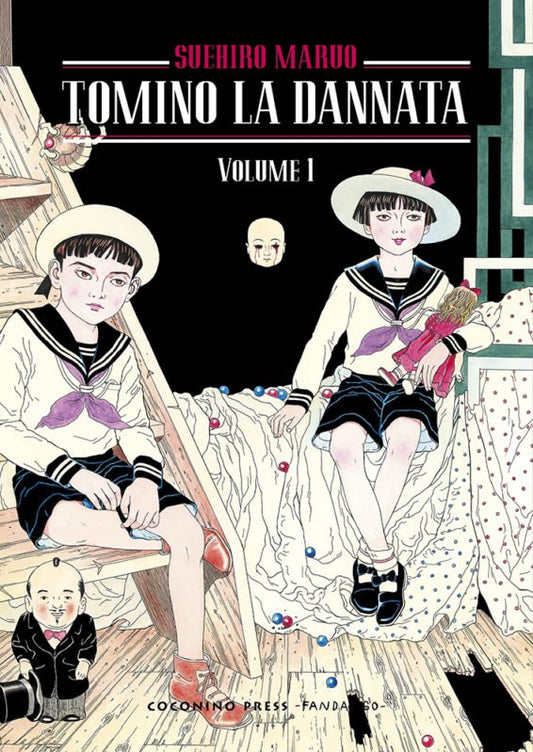 Copertina di Tomino La Dannata Vol. 1 (Coconino Press). Illustrazione di due bambini in divisa alla marinara e cappello bianco; uno tiene una bambola, mentre intorno appaiono figure grottesche e simboli inquietanti.