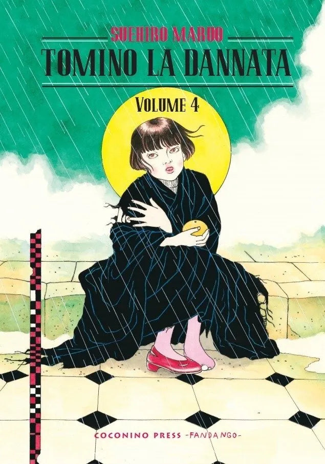 Copertina di Tomino La Dannata Vol. 4 (Coconino Press). Sotto una pioggia fitta, una bambina avvolta in un mantello nero siede su un muretto a scacchi, tenendo in mano un frutto giallo, con un alone solare alle spalle.