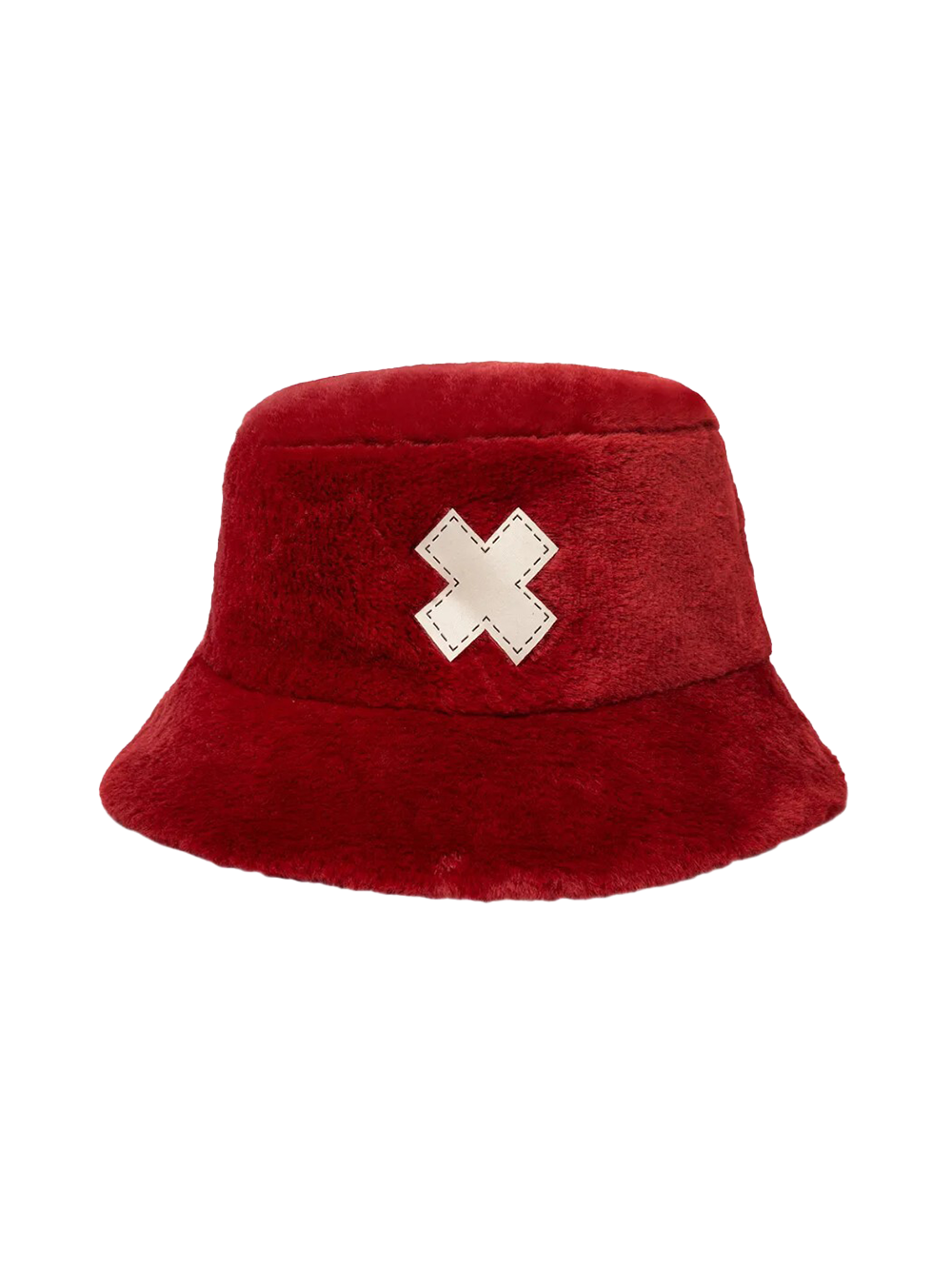 Bucket hat (cappello alla pescatora) realizzato in morbido tessuto effetto peluche di colore rosso. Sulla parte frontale è cucita in rilievo una grande croce bianca a forma di X con bordi impunturati, ispirata al personaggio di Tony Tony Chopper di One Piece.