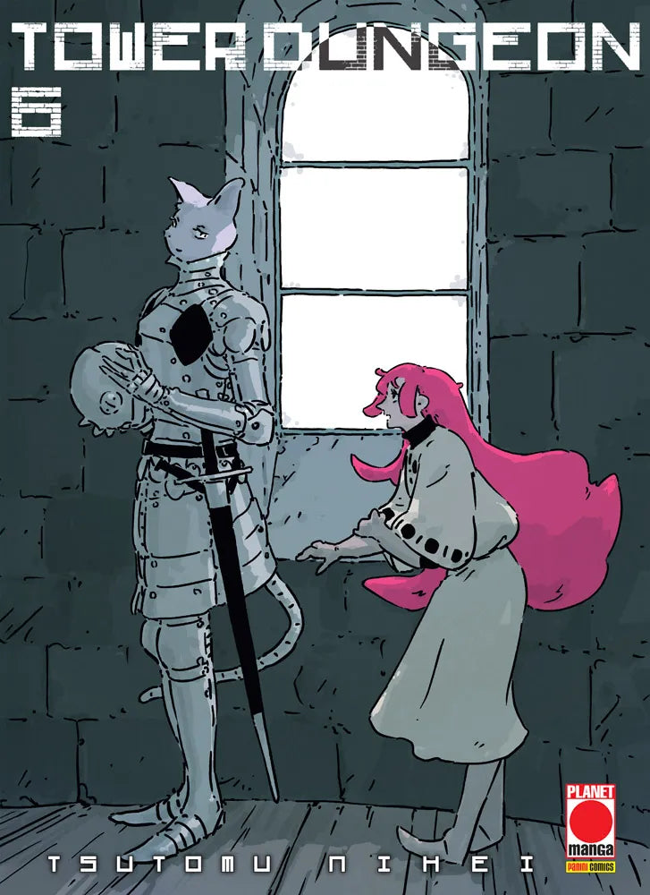 Copertina del sesto volume in italiano del manga 'Tower Dungeon' di Tsutomu Nihei, edito da Planet Manga. L'illustrazione mostra all'interno di una stanza in pietra davanti a un'alta finestra ad arco un cavaliere in armatura completa con testa da gatto che tiene un elmo tra le mani, affiancato da una ragazza con lunghi capelli rosa e tunica chiara che lo osserva sorpresa, con in alto il titolo TOWER DUNGEON e il numero 6, e in basso il nome dell'autore TSUTOMU NIHEI.