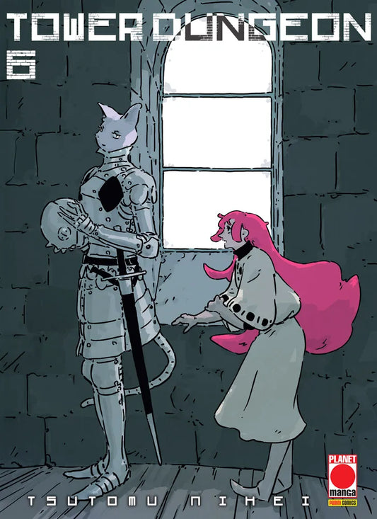 Copertina del sesto volume in italiano del manga 'Tower Dungeon' di Tsutomu Nihei, edito da Planet Manga. L'illustrazione mostra all'interno di una stanza in pietra davanti a un'alta finestra ad arco un cavaliere in armatura completa con testa da gatto che tiene un elmo tra le mani, affiancato da una ragazza con lunghi capelli rosa e tunica chiara che lo osserva sorpresa, con in alto il titolo TOWER DUNGEON e il numero 6, e in basso il nome dell'autore TSUTOMU NIHEI.