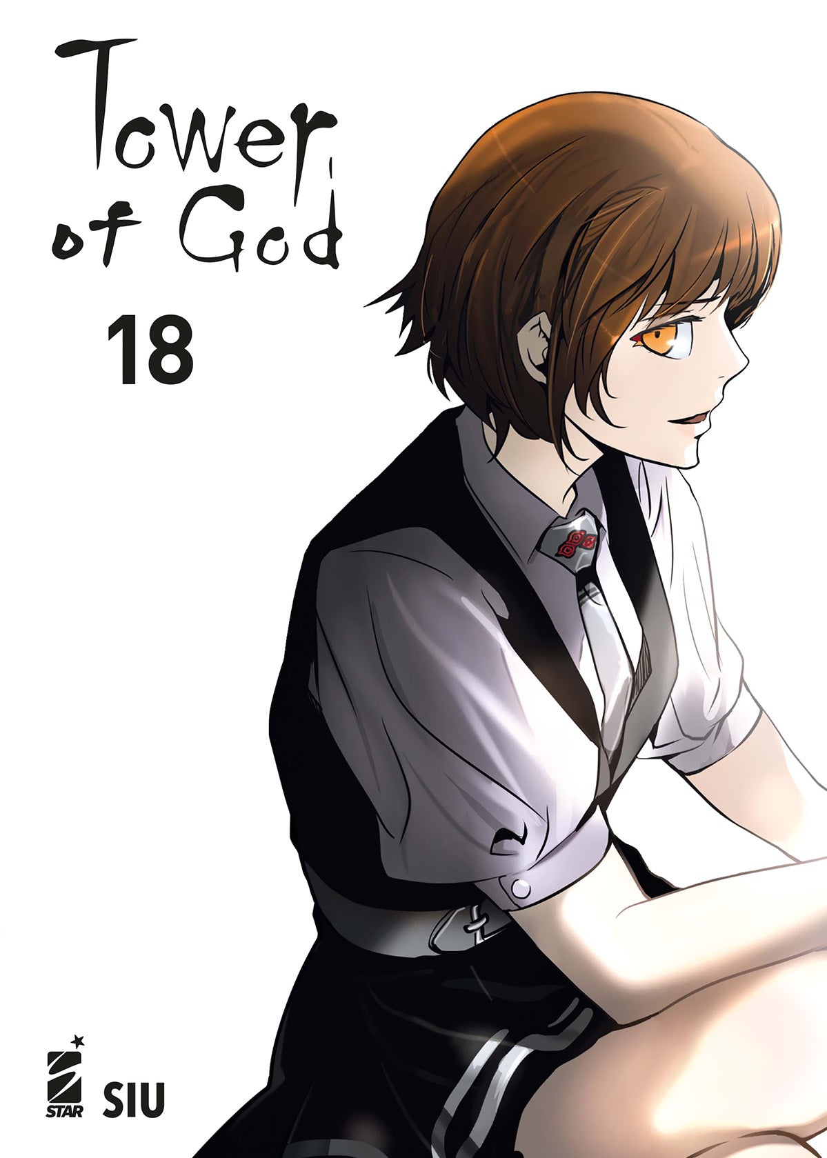 Copertina del diciottesimo volume del manhwa 'Tower of God' di SIU, edito da Star Comics. L'illustrazione a colori ritrae di profilo la Principessa Endorsi Jahad con capelli corti castani e occhi dorati, vestita con una divisa scolastica con camicia bianca, gilet nero e cravatta, affiancata dal titolo 'Tower of God', dal numero 18 e dal logo dell'autore SIU.