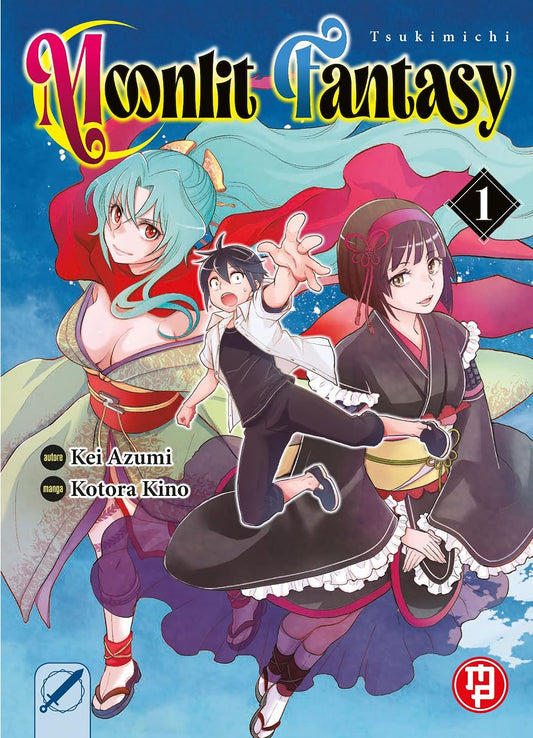 Copertina del primo volume del manga 'Tsukimichi Moonlit Fantasy' di Kei Azumi e Kotora Kino, edito da Magic Press. L'illustrazione ritrae al centro il protagonista Makoto sorpreso a mezz'aria, affiancato da due figure femminili, una con lunghi capelli turchesi e l'altra con capelli scuri in abito tradizionale, su uno sfondo di cielo azzurro con il titolo stilizzato in alto.