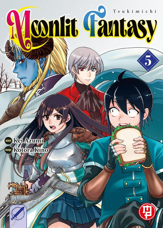 Copertina del quinto volume in italiano del manga 'Tsukimichi Moonlit Fantasy' di Kei Azumi e Kotora Kino, edito da Magic Press. L'illustrazione su uno sfondo innevato ritrae in primo piano a destra Makoto Misumi mentre addenta un grosso sandwich con un'espressione sorpresa, affiancato a sinistra da una guerriera in armatura con spada, un ragazzo dai capelli grigi in giacca rossa al centro e il profilo di un demone con pelle blu e corna in alto a sinistra, sormontati dal titolo MOONLIT FANTASY, dal numero 5