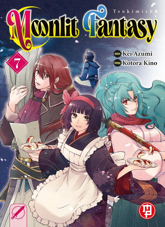 Copertina del settimo volume in italiano del manga 'Tsukimichi Moonlit Fantasy' di Kei Azumi e Kotora Kino, edito da Magic Press. L'illustrazione su uno sfondo notturno stellato e innevato ritrae in primo piano una ragazza dai capelli scuri a caschetto in abito da cameriera con fiocco rosa che offre un piattino con fette di mela, affiancata da Tomoe dai lunghi capelli azzurro-verdi con katana, un uomo dai lunghi capelli rossi a sinistra e la silhouette di Makoto seduto di schiena sullo sfondo, sormontati da