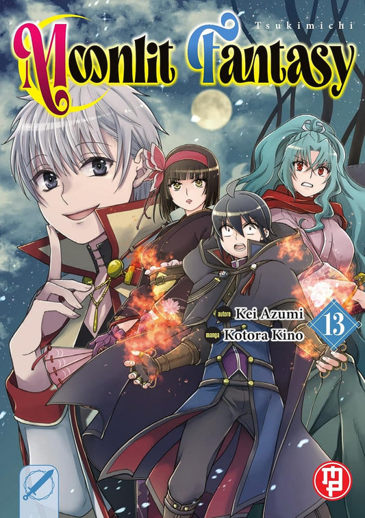 Copertina del manga Tsukimichi Moonlit Fantasy Vol. 13. Al centro, Makoto in tenuta da avventuriero con le mani avvolte da un'energia fiammeggiante, affiancato da due compagne, una con capelli corti scuri e l'altra con lunghi capelli azzurri mossi. Sulla sinistra, in grande piano, il volto sorridente di un personaggio maschile dai capelli grigio-argento. Sullo sfondo, un suggestivo cielo notturno illuminato da una luna piena.