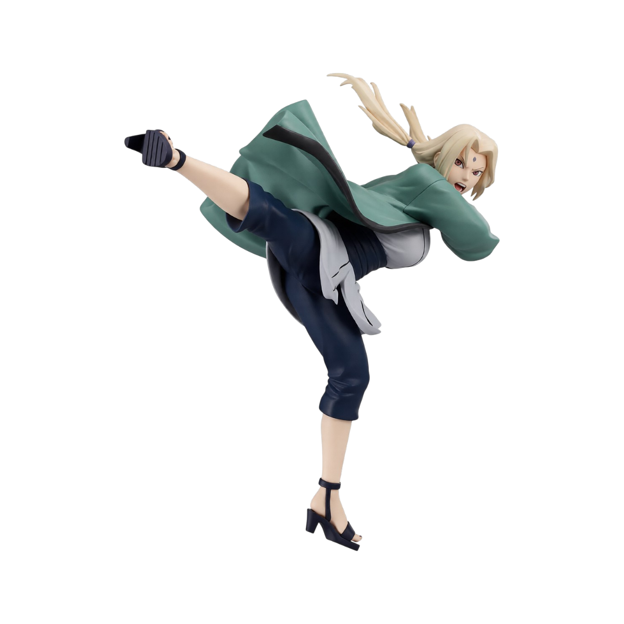 Figure da collezione in PVC di Tsunade da Naruto Shippuden prodotta da Banpresto mentre sferra un calcio volante.