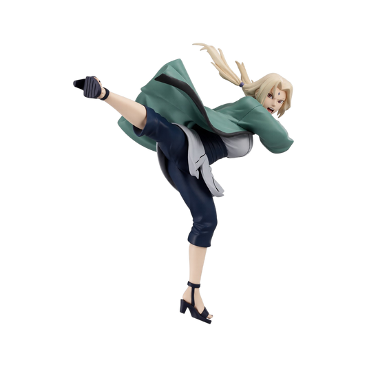 Figure da collezione in PVC di Tsunade da Naruto Shippuden prodotta da Banpresto mentre sferra un calcio volante.