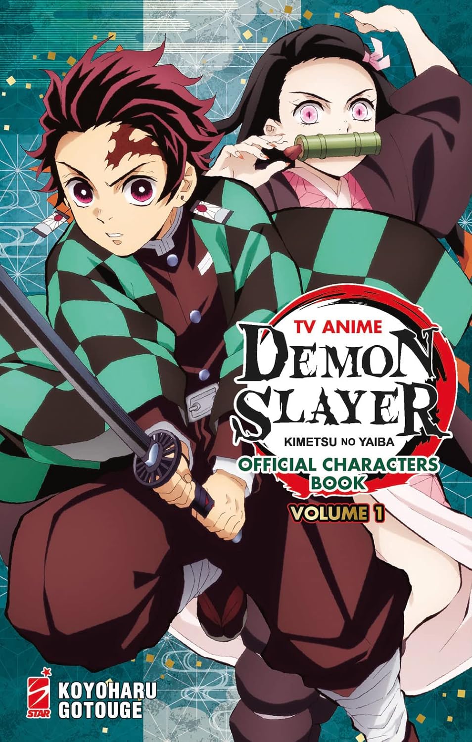 Copertina del volume Tv Anime Demon Slayer Official Characters Book Vol. 1; in primo piano Tanjiro Kamado con la spada sguainata e Nezuko Kamado che salta dietro di lui, entrambi in pose dinamiche su sfondo geometrico.