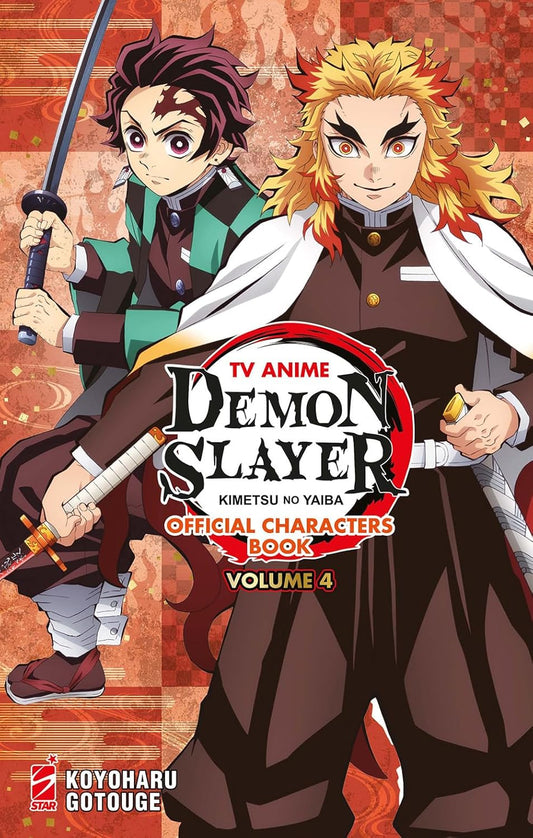 Copertina del volume Tv Anime Demon Slayer Official Characters Book Vol. 4; Tanjiro Kamado con la spada in pugno è affiancato da Kyojuro Rengoku (Colonna delle Fiamme) che sorride fiero. Sfondo rosso con motivi geometrici.