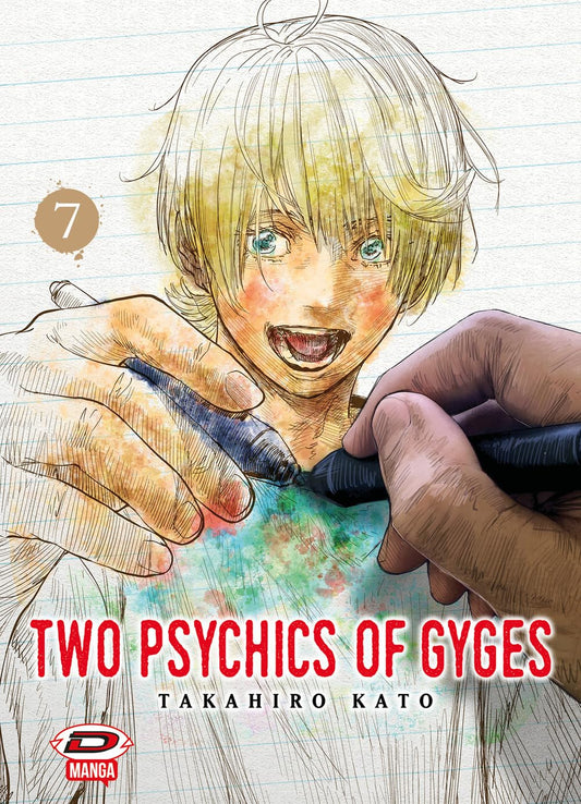 Copertina del manga Two Psychics Of Gyges Vol. 7, edito da Dynit Manga. L'illustrazione è realizzata in modo molto originale, come se fosse uno schizzo a matita su un foglio di carta a righe. In primissimo piano sulla destra, una mano realistica impugna un pennarello nero, intenta a colorare il disegno sottostante. Il disegno ritrae un ragazzo biondo con grandi e luminosi occhi azzurri, che sorride apertamente mostrando i denti; il pennarello sta rilasciando vivaci macchie di colore ad acquerello verde.