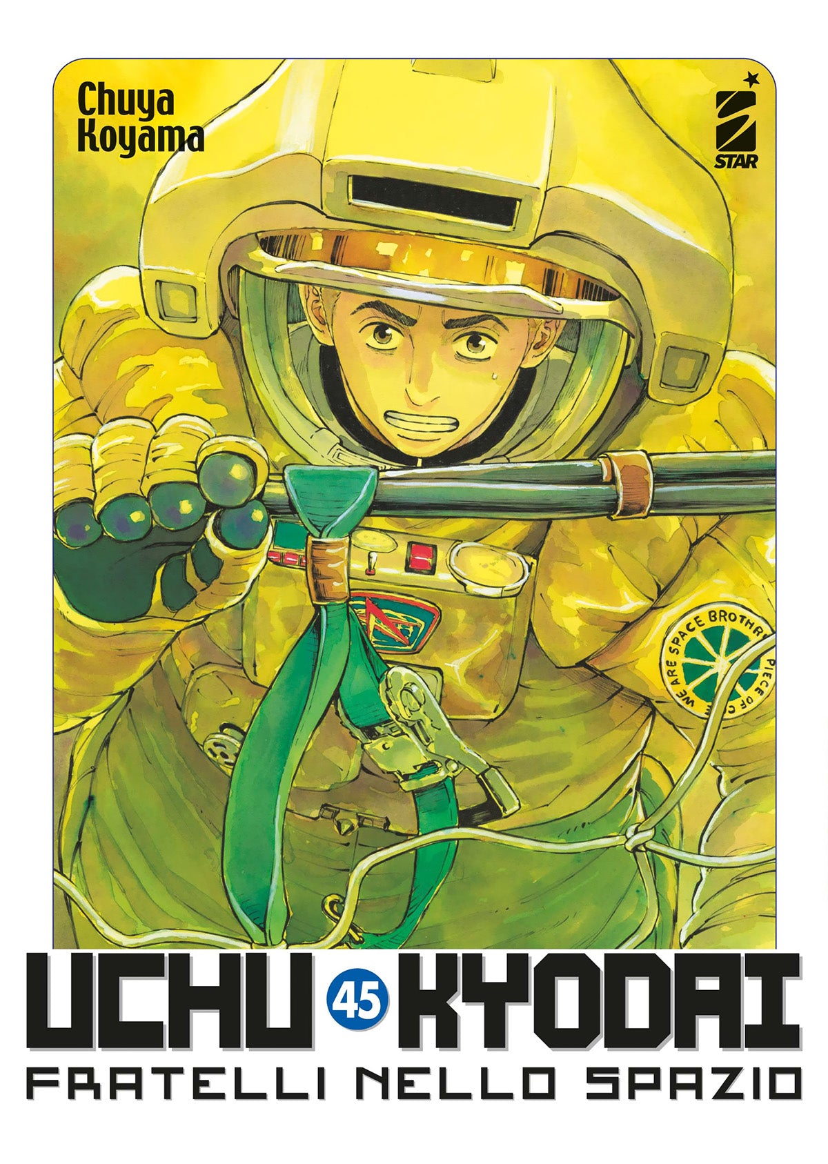 Copertina del manga Uchu Kyodai numero 45. Un astronauta in tuta gialla con casco guarda avanti con determinazione mentre afferra una barra metallica.