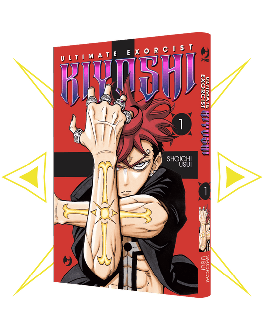 Copertina dell'edizione Regular del manga Ultimate Exorcist Kiyoshi volume 1. Un ragazzo dai capelli rossi con una croce tatuata sul braccio su uno sfondo rosso vivace.