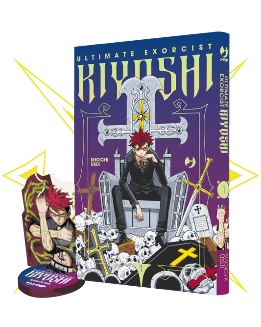 Copertina dell'edizione Variant del manga Ultimate Exorcist Kiyoshi vol. 1. Il protagonista siede su un trono di teschi. Accanto è visibile lo standee acrilico.