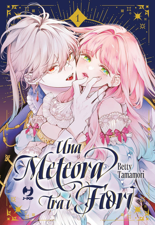 Copertina del manga Una Meteora Tra i Fiori 1. Un affascinante vampiro dai capelli bianchi e occhi chiari abbraccia dolcemente una fanciulla dai capelli rosa.
