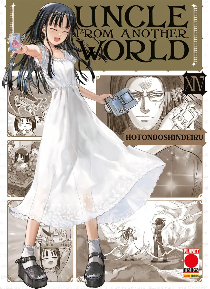 Copertina del manga Uncle From Another World Vol. 14 (Planet Manga). Una ragazza in abito bianco domina la scena; sullo sfondo lo Zio tiene in mano una console portatile.