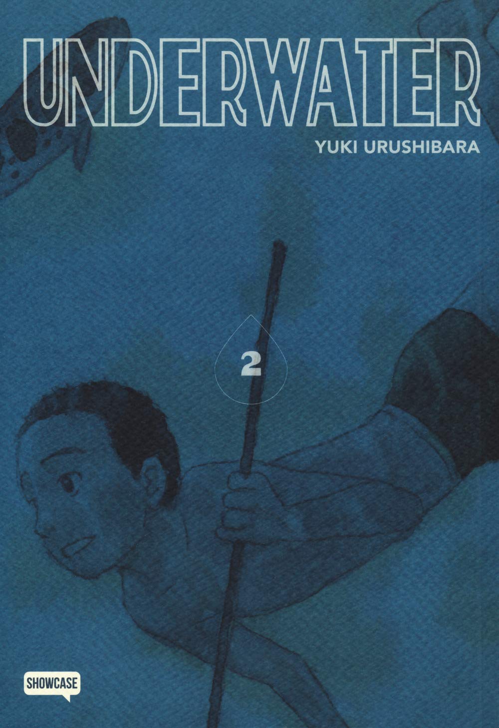 Copertina del secondo volume del manga Underwater, interamente virata sui toni del blu, che mostra un ragazzo che nuota sott'acqua tenendosi a un'asta verticale.