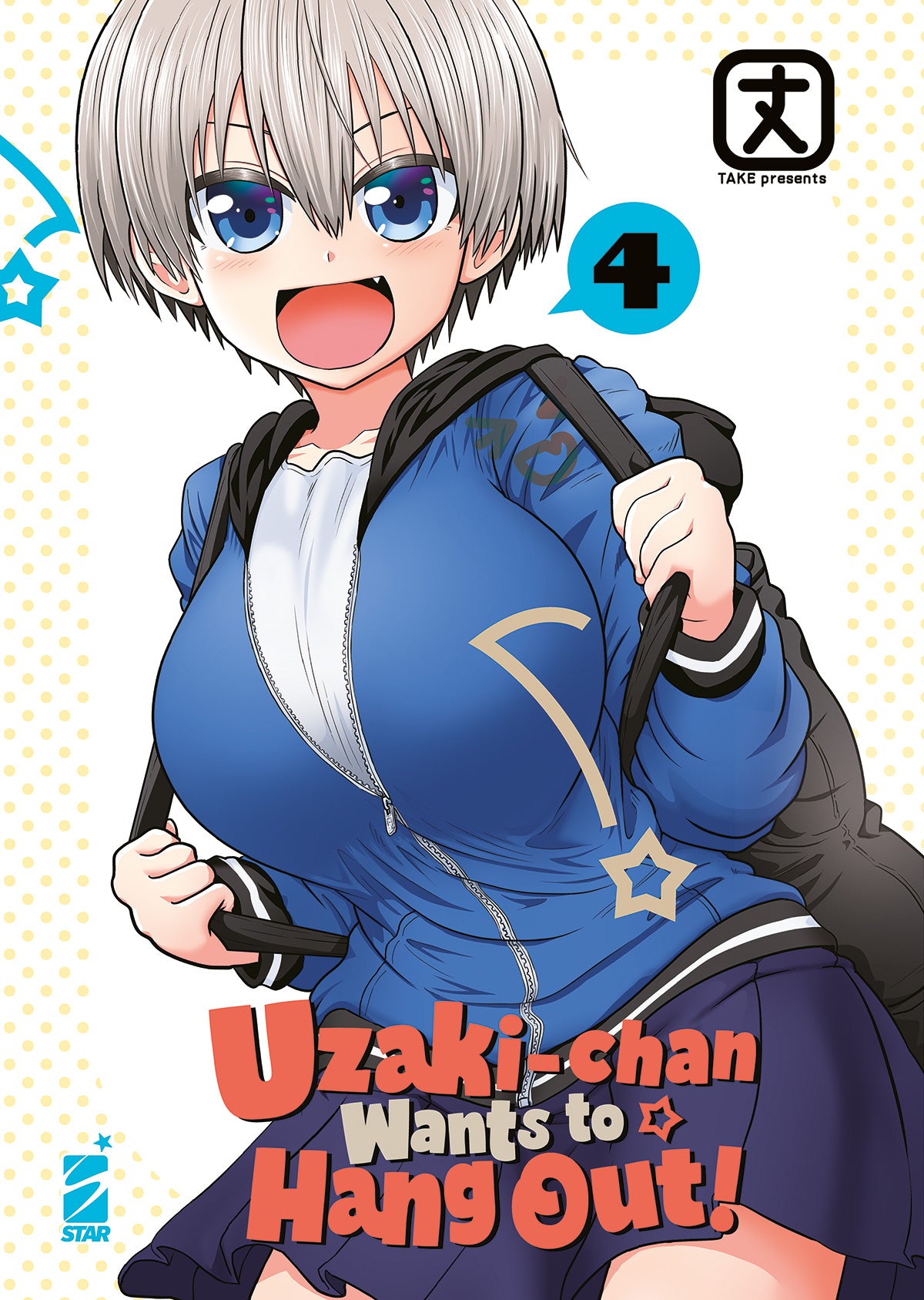 Copertina del quarto volume in italiano del manga 'Uzaki-Chan Wants To Hang Out!' di Take, edito da Star Comics. L'illustrazione su uno sfondo bianco a pallini gialli ritrae in primo piano Hana Uzaki sorridente con corti capelli grigio-argento, occhi azzurri e uno zaino nero sulle spalle mentre indossa una felpa blu con zip e una gonna scura, sormontata dal cerchio azzurro con il numero 4, dal logo dell'autore Take in alto a destra, dal titolo UZAKI-CHAN WANTS TO HANG OUT!