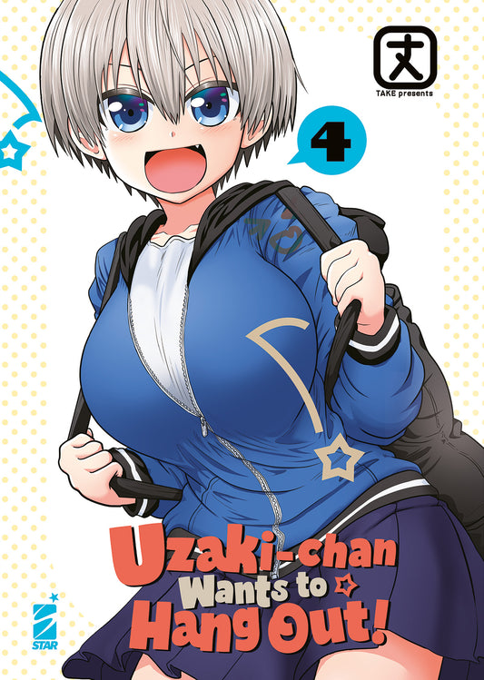 Copertina del quarto volume in italiano del manga 'Uzaki-Chan Wants To Hang Out!' di Take, edito da Star Comics. L'illustrazione su uno sfondo bianco a pallini gialli ritrae in primo piano Hana Uzaki sorridente con corti capelli grigio-argento, occhi azzurri e uno zaino nero sulle spalle mentre indossa una felpa blu con zip e una gonna scura, sormontata dal cerchio azzurro con il numero 4, dal logo dell'autore Take in alto a destra, dal titolo UZAKI-CHAN WANTS TO HANG OUT!