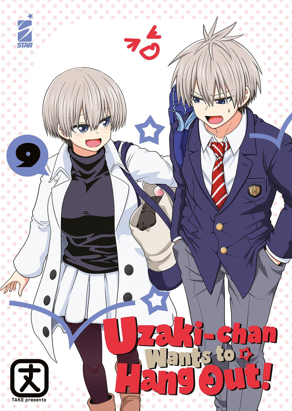 Copertina del nono volume del manga 'Uzaki-Chan Wants To Hang Out!' di Take, edito da Star Comics. L'illustrazione ritrae la sorridente Hana Uzaki in cappotto bianco e dolcevita nero affiancata da Shinichi Sakurai in divisa scolastica con giacca blu, sormontati dal titolo in rosso e dal numero 9 all'interno di un balloon.