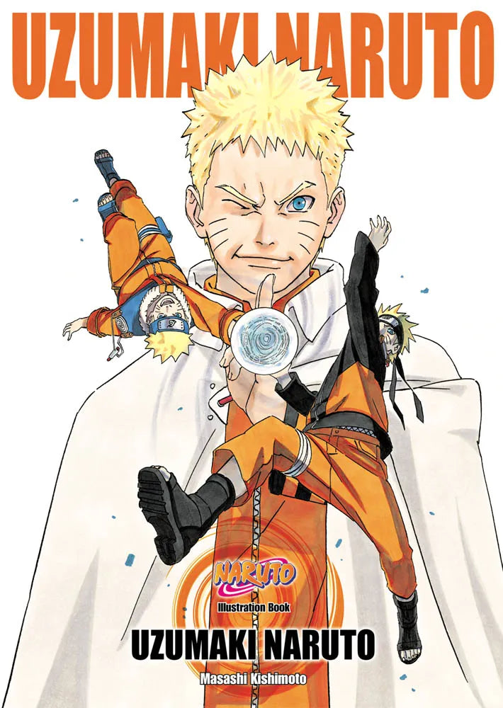 Copertina in italiano dell'artbook 'Uzumaki Naruto Illustration Book' di Masashi Kishimoto, edito da Panini Planet Manga. L'illustrazione mostra al centro un'imponente figura di Naruto Uzumaki da adulto con il mantello bianco da Settimo Hokage mentre ammicca, affiancato da due versioni dinamiche di sé stesso da giovane: a sinistra Naruto bambino e a destra Naruto ragazzo in tenuta da ninja.