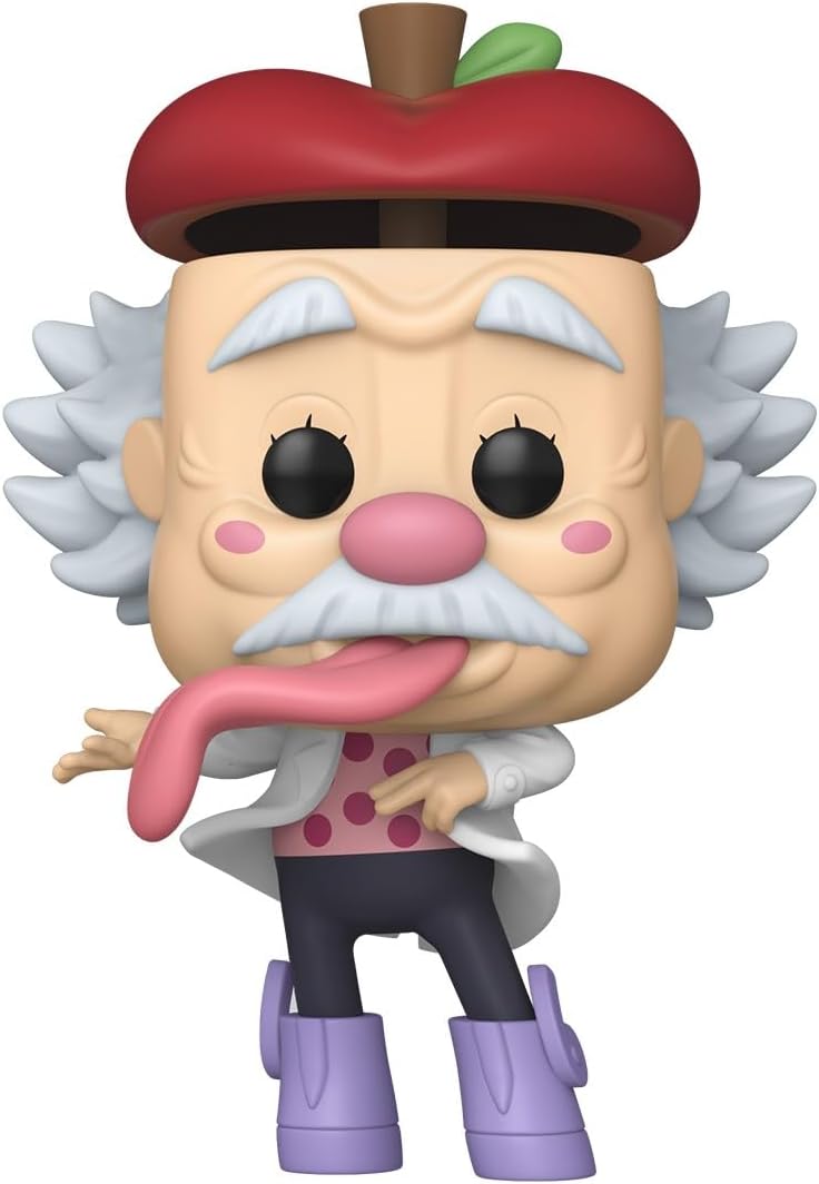 Funko Pop! numero 2139 di Vegapunk da One Piece; la figure mostra lo scienziato con la testa a forma di mela, capelli bianchi laterali e la lingua che pende fuori dalla bocca.