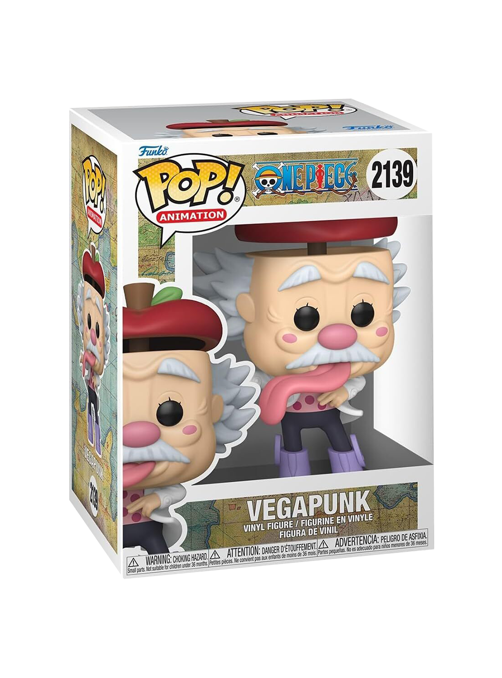 Funko Pop! numero 2139 di Vegapunk da One Piece; la figure mostra lo scienziato con la testa a forma di mela, capelli bianchi laterali e la lingua che pende fuori dalla bocca.