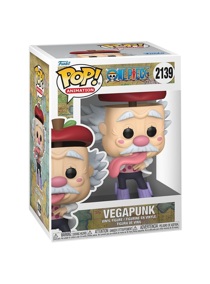 Funko Pop! numero 2139 di Vegapunk da One Piece; la figure mostra lo scienziato con la testa a forma di mela, capelli bianchi laterali e la lingua che pende fuori dalla bocca.