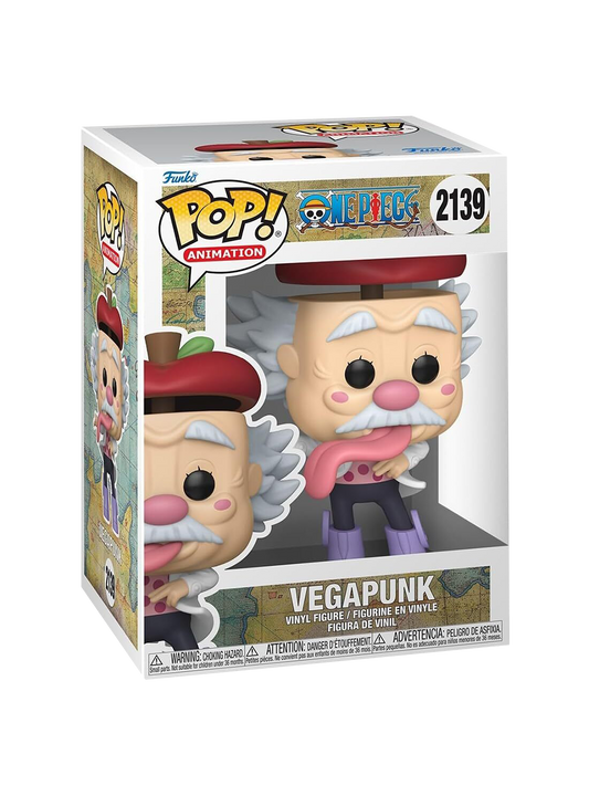 Funko Pop! numero 2139 di Vegapunk da One Piece; la figure mostra lo scienziato con la testa a forma di mela, capelli bianchi laterali e la lingua che pende fuori dalla bocca.