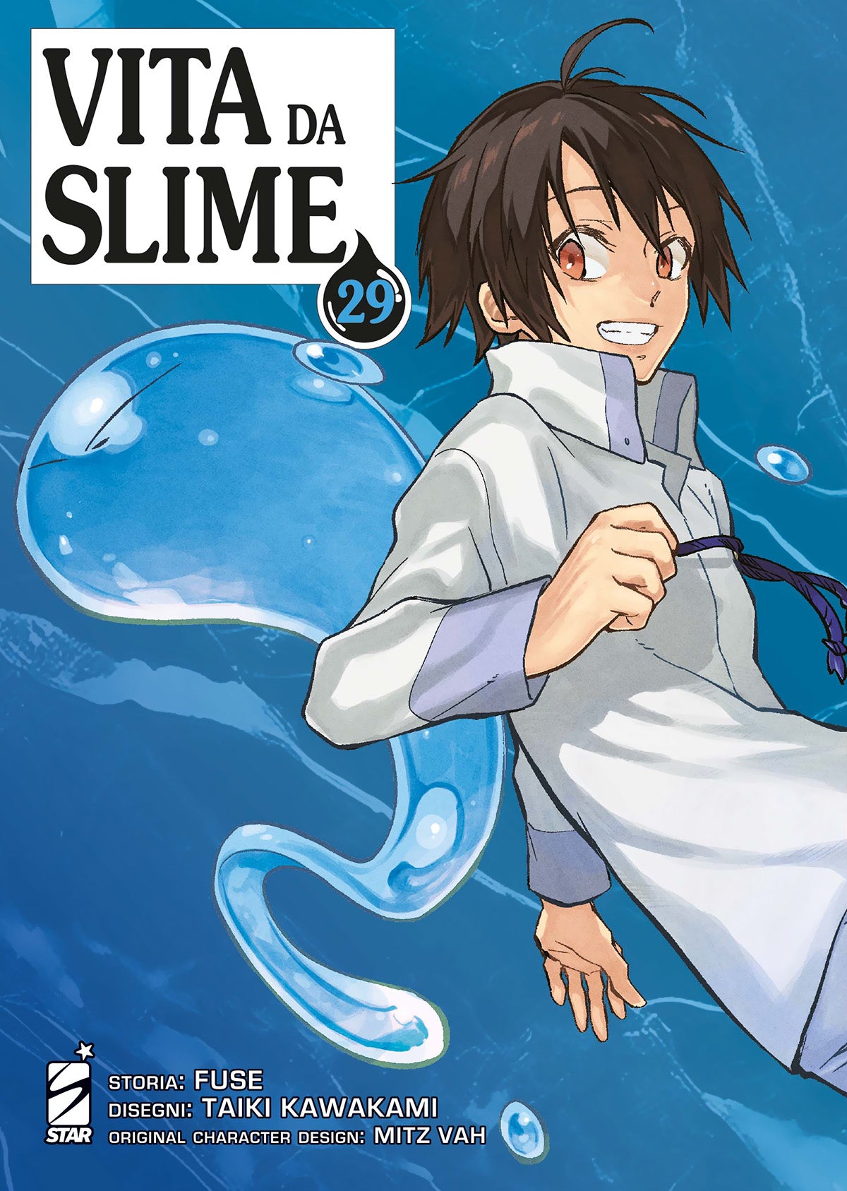 Copertina del ventinovesimo volume del manga 'Vita da Slime' di Fuse e Taiki Kawakami, edito da Star Comics. L'illustrazione ritrae Yuki sorridente in camicia bianca accanto alla forma a slime azzurra di Limur su uno sfondo acquatico blu, sormontati dal titolo e dal numero 29.