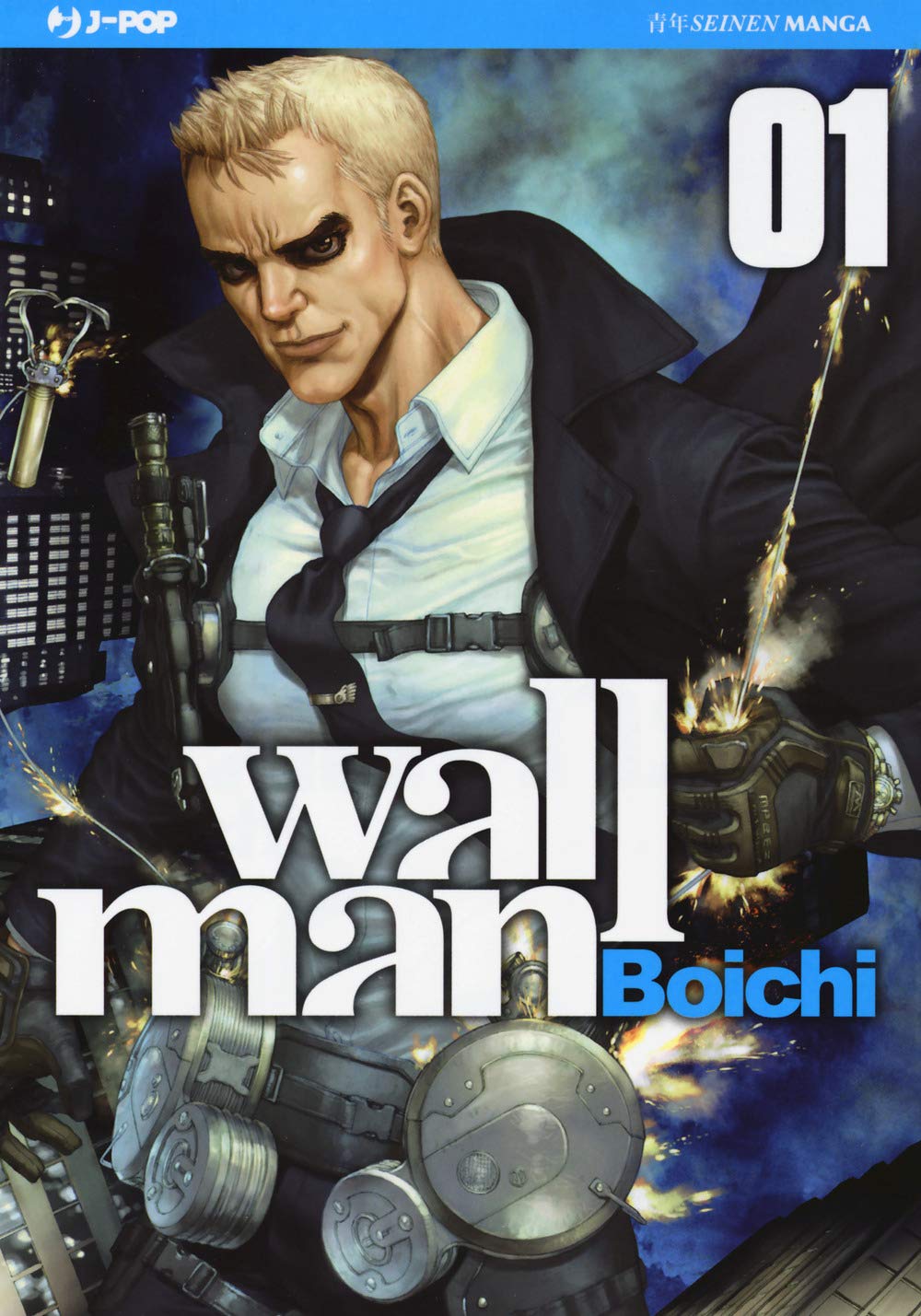 Copertina del manga 'Wallman Vol. 1' di Boichi edito da J-POP Manga con il protagonista biondo in outfit tattico e soprabito scuro su uno sfondo cittadino.