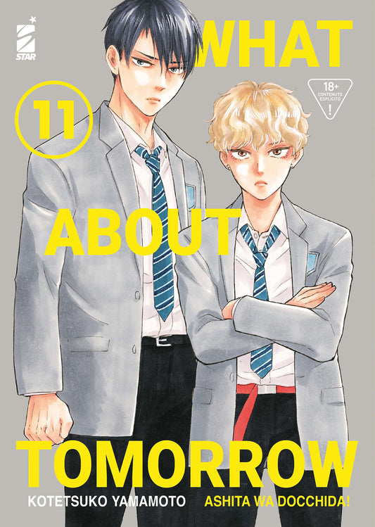 Copertina del manga "What About Tomorrow Vol. 11" edito da Star Comics. Due ragazzi in blazer grigio e cravatta a righe: uno moro con sguardo deciso e l'altro biondo riccio con le braccia incrociate.