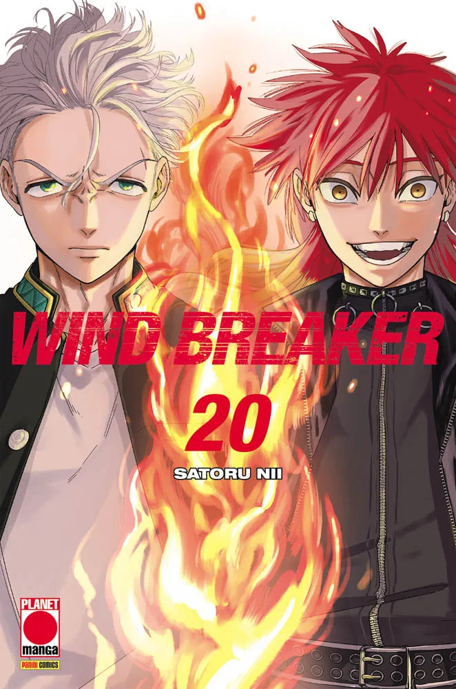 Copertina del ventesimo volume del manga 'Wind Breaker' di Satoru Nii, edito da Planet Manga. L'illustrazione mostra in primo piano i volti di Hajime Umemiya a sinistra con capelli grigio-argento e sguardo severo, e Chika Takiishi a destra con capelli rossi fiammeggianti e un sorriso provocatorio, divisi da una prolungata vampata di fuoco centrale con il titolo 'WIND BREAKER 20' e il logo Planet Manga in basso a sinistra.