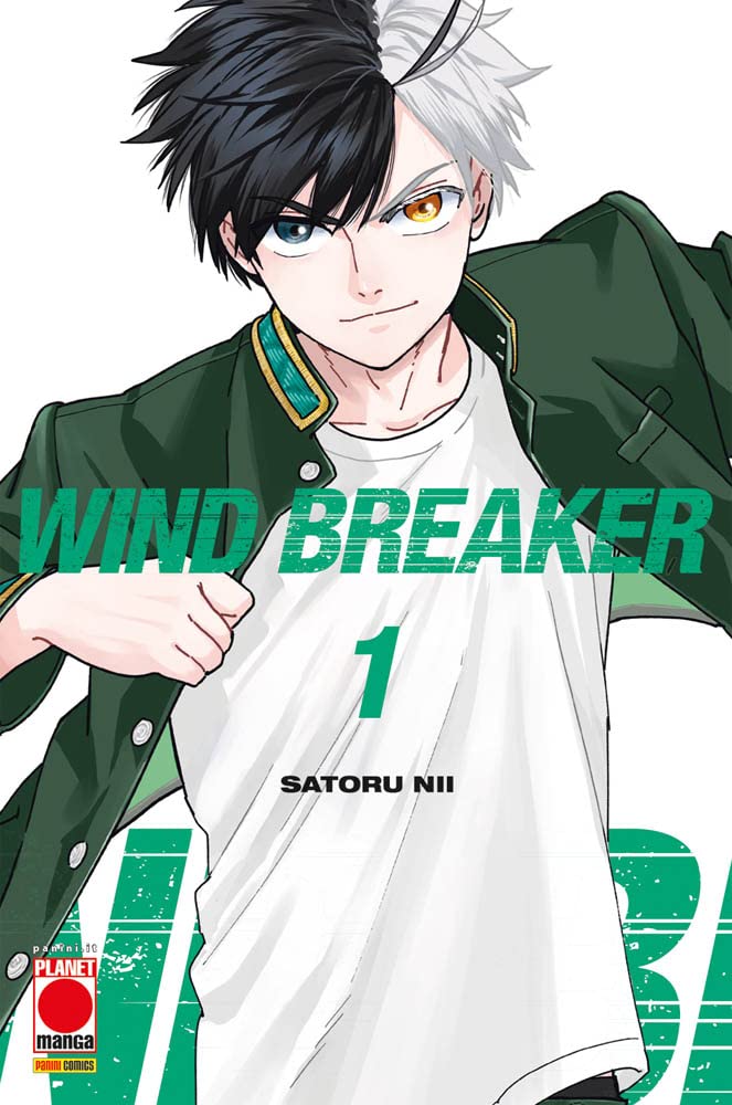 Copertina del manga Wind Breaker Vol. 1 di Satoru Nii, edito da Panini Planet Manga. L'illustrazione, su uno sfondo bianco arricchito da dettagli grafici verdi, mostra in primo piano la matricola Haruka Sakura. Il ragazzo ha un aspetto inconfondibile: i suoi capelli sono divisi a metà, neri da un lato e bianchi dall'altro, e sfoggia un'eterocromia evidente con un occhio azzurro e uno dorato. Indossa la caratteristica giacca verde scuro con finiture dorate del liceo Fuurin.