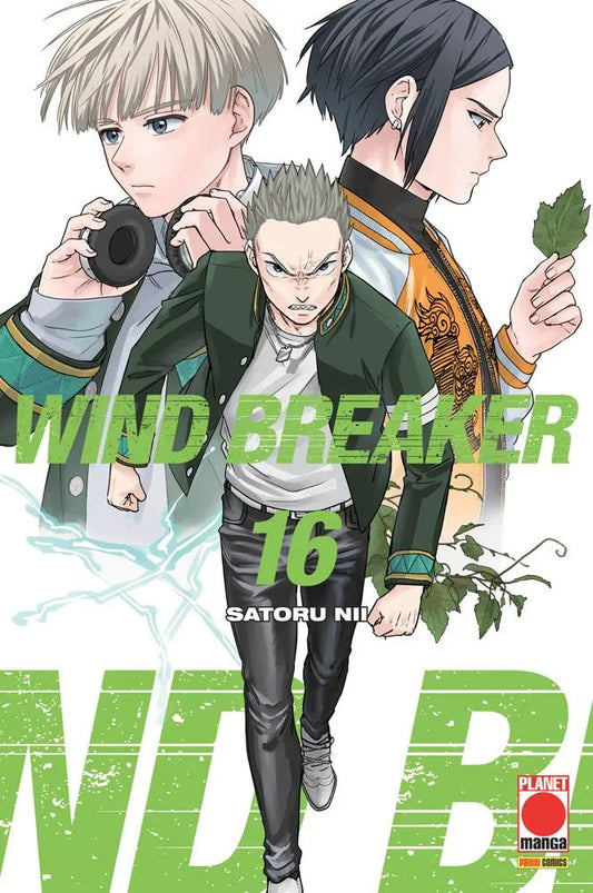 Copertina del manga Wind Breaker volume 16 edito da Planet Manga; l'illustrazione mostra tre personaggi: al centro un ragazzo con giacca verde scura in posa di marcia determinata, affiancato sullo sfondo da altri due compagni, uno biondo con le cuffie al collo e l'altro con i capelli scuri che tiene in mano una foglia.