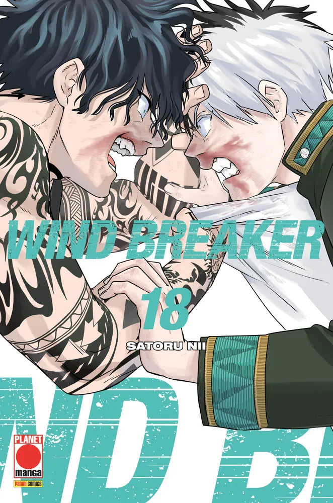 Copertina del manga Wind Breaker volume 18. Illustrazione dinamica e tesa di due ragazzi feriti in volto che si scontrano duramente faccia a faccia. Uno ha i capelli neri e il braccio ricoperto di vistosi tatuaggi tribali, l'altro ha i capelli bianchi e indossa una divisa scolastica verde scuro.
