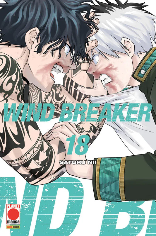 Copertina del manga Wind Breaker volume 18. Illustrazione dinamica e tesa di due ragazzi feriti in volto che si scontrano duramente faccia a faccia. Uno ha i capelli neri e il braccio ricoperto di vistosi tatuaggi tribali, l'altro ha i capelli bianchi e indossa una divisa scolastica verde scuro.
