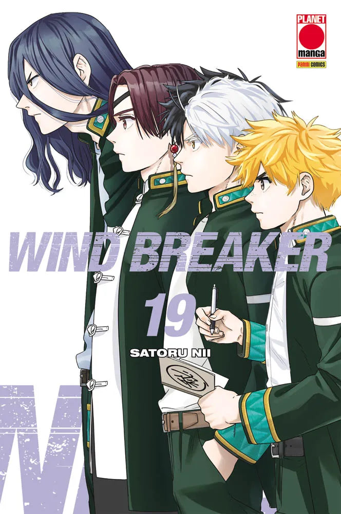 Copertina del diciannovesimo volume in italiano del manga 'Wind Breaker' di Satoru Nii, edito da Panini Planet Manga. L'illustrazione mostra di profilo quattro studenti del liceo Furin in divisa scolastica verde scuro: da sinistra verso destra, un ragazzo con lunghi capelli scuri, un compagno con benda sull'occhio ed orecchino a pendente, il protagonista Haruka Sakura dai caratteristici capelli bicolore bianco e neri intento a scrivere con una penna su un foglio, e un ragazzo dai capelli biondi in primo pia