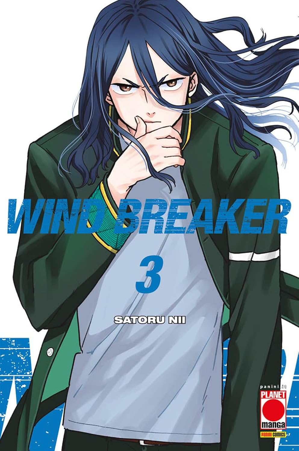 Copertina del manga Wind Breaker Vol. 3 di Satoru Nii, edito da Panini Planet Manga. L'illustrazione, su uno sfondo bianco con accenti grafici blu nella parte inferiore, presenta in primo piano un giovane ragazzo dai lunghi e mossi capelli blu scuro. Il personaggio, con penetranti occhi castani e un'espressione fredda e calcolatrice, porta elegantemente il dorso della mano destra alle labbra. Indossa la caratteristica giacca verde scuro con finiture dorate del liceo Furin.