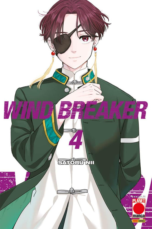 Copertina del manga Wind Breaker Vol. 4 di Satoru Nii, edito da Panini Planet Manga. L'illustrazione, su uno sfondo bianco con accenti grafici e testi in un vibrante color viola, presenta in primo piano il personaggio di Suo Hayato, con uno sguardo calmo e un sorriso sereno. Il ragazzo ha i capelli mossi color rosso scuro divisi al centro, indossa una benda nera sull'occhio destro e lunghi orecchini pendenti decorati con una perlina rossa e nappe dorate.