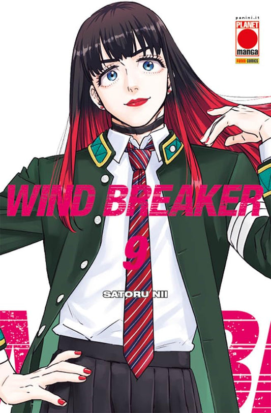 Copertina del manga Wind Breaker Vol. 9. L'illustrazione mostra in primo piano un personaggio con lunghi capelli neri e lisci che sfumano in un rosso acceso sulle punte, e grandi e luminosi occhi azzurri. Sfoggia un trucco evidente con rossetto rosso e smalto abbinato. Indossa la giacca verde scuro della divisa scolastica aperta su una camicia bianca con cravatta a righe rosse e blu, un collarino nero e una gonna scura a pieghe. La posa è fiera, con una mano appoggiata sul fianco e l'altra elegantemente sol