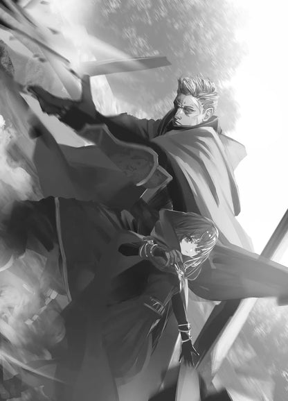 Copertina della Light Novel Witch and Mercenary Vol. 1; in primo piano una strega dai capelli neri e occhi blu guarda indietro circondata da petali rosa magici, mentre sullo sfondo un mercenario con capelli grigi e armatura osserva in avanti.