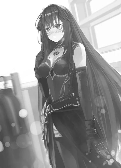 Copertina della Light Novel Witch and Mercenary Vol. 1; in primo piano una strega dai capelli neri e occhi blu guarda indietro circondata da petali rosa magici, mentre sullo sfondo un mercenario con capelli grigi e armatura osserva in avanti.