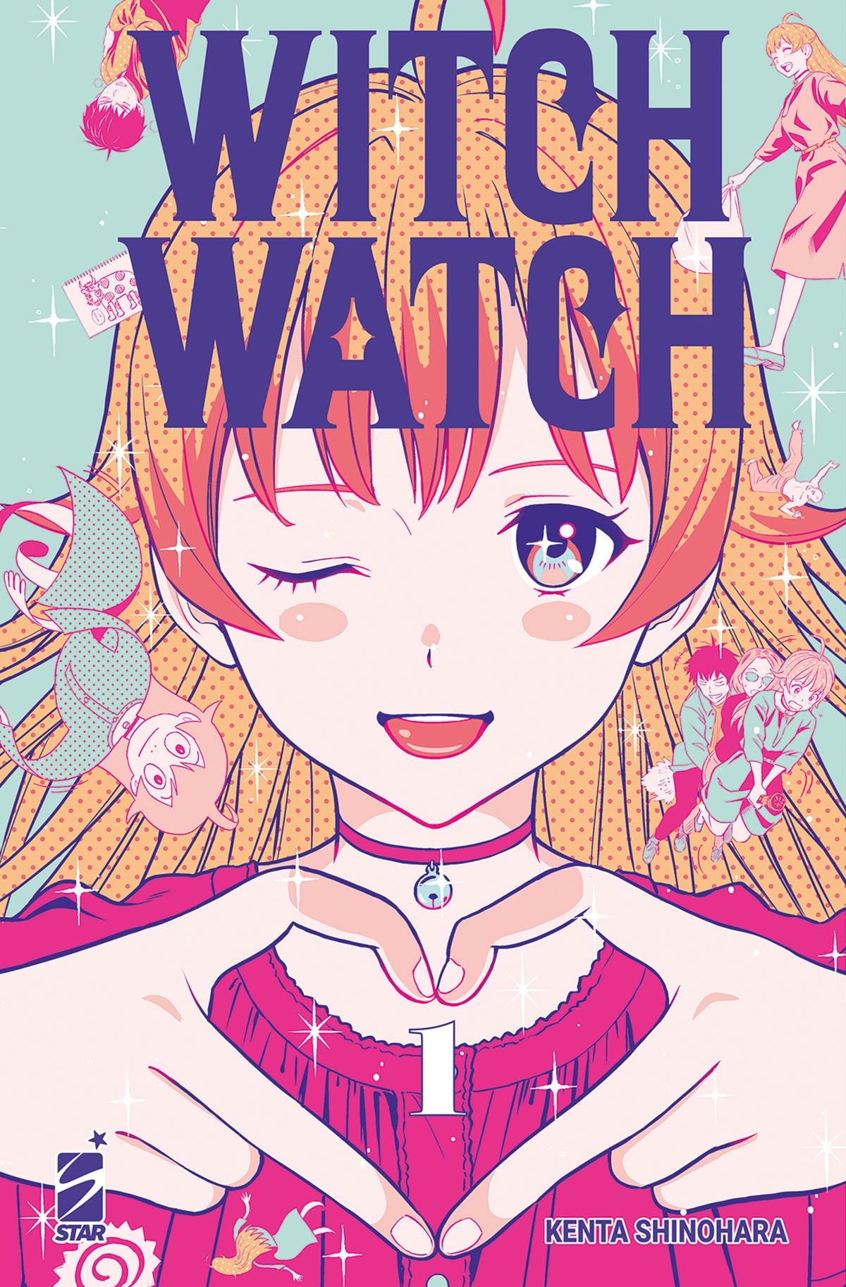 Copertina del primo volume in italiano del manga 'Witch Watch' di Kenta Shinohara, edito da Star Comics. L'illustrazione nei toni del rosa e dell'azzurro mostra in primo piano la giovane strega Nico Wakatsuki con capelli arancioni mentre strizza l'occhio e compone un cuore con le mani attorno al numero 1. Sullo sfondo fluttuano minute illustrazioni del suo famiglio Moi e di altri personaggi della serie. In alto campeggia il titolo 'WITCH WATCH' in grandi lettere viola.